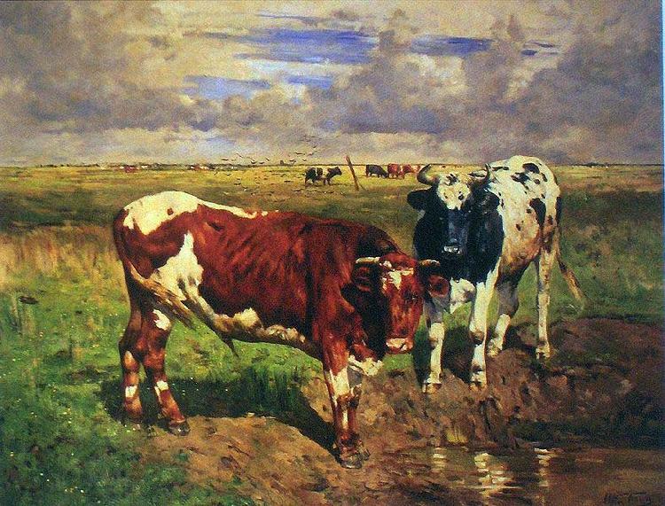 unknow artist Young bulls at a watering place Norge oil painting art